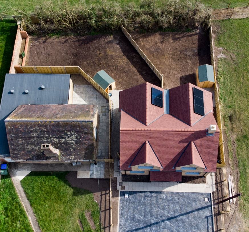 Fairhive passive sustainable home from above, taken with a drone